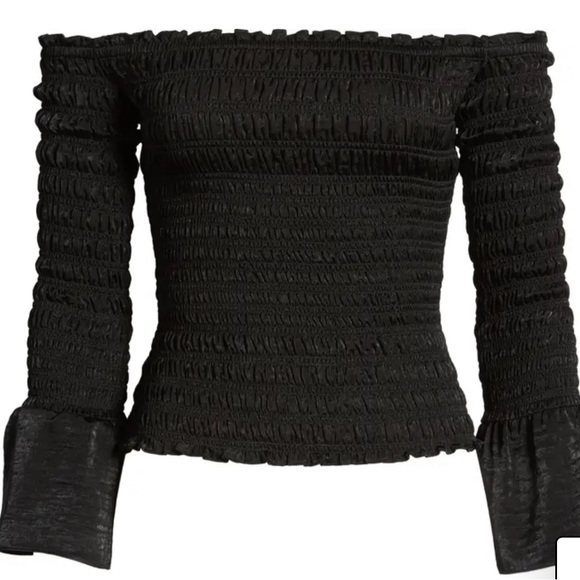 NWT $388 FRAME Smocked Off the Shoulder black top / blouse size medium - Picture 3 of 3